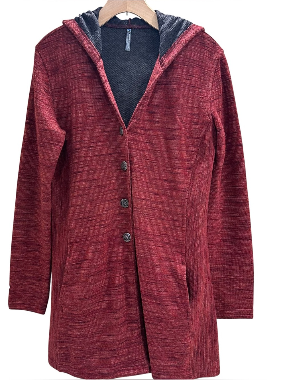 Kuhl Isla Long Hooded Wool Blend Sweater Cardigan Pockets Rust Red Spice Large